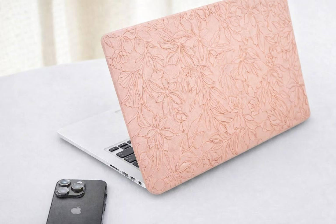 Embossed Leather Laptop Case for MacBook Pro 14 inch (2021–2025, M1/M2/M3/M4)–Slim Hard Shell Protective Cover Compatible with A2442 / A2779/A2992 /A2918/ A3112 / A3185 / A3401 / A3434 (Rose Gold)