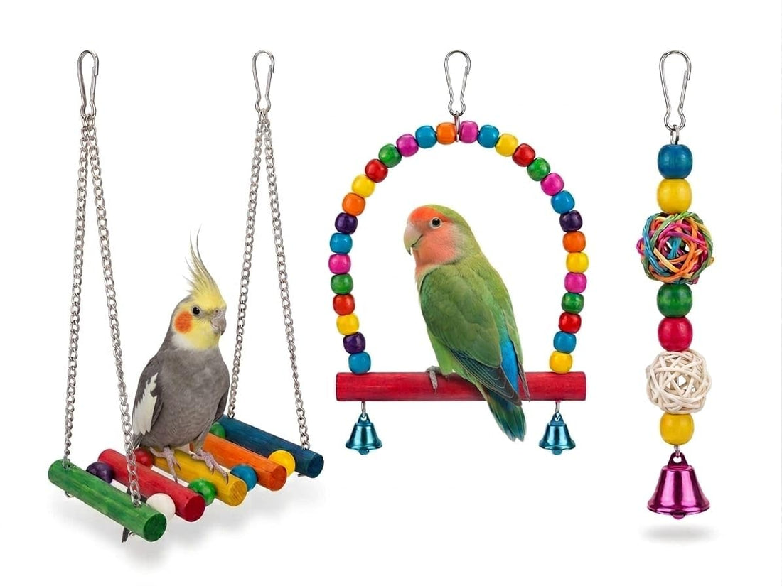 3Piece Bird Toy Accessories (Bird Cage Swing, Swing with Chain, and Bamboo Toy) For Cockatiels, Budgies, Conures, Canary,Parrotlet, zebra finches and Lovebirds