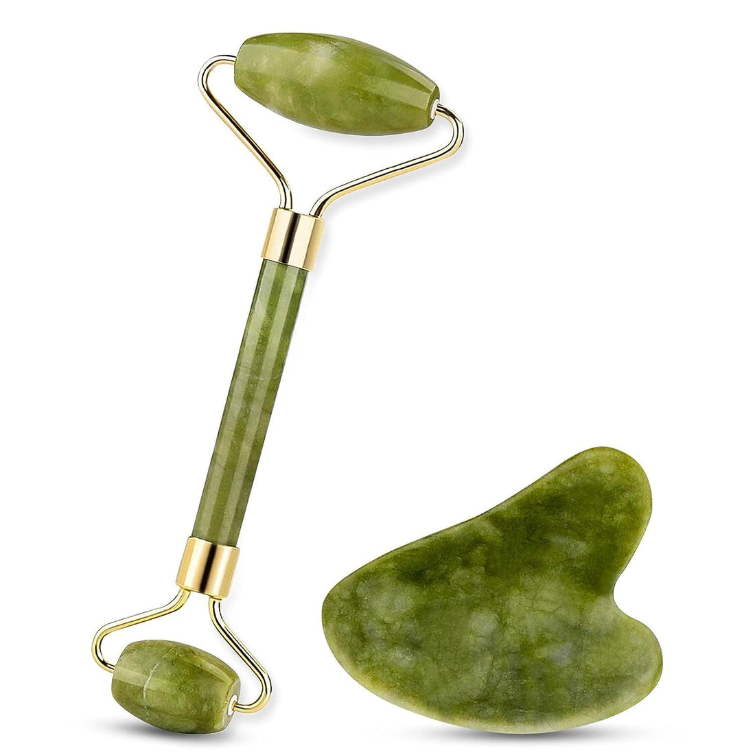 2 pack natural jade roller and gua sha set for facial massage. Anti-aging tools for eyes, neck, and body. 2 Pack.
