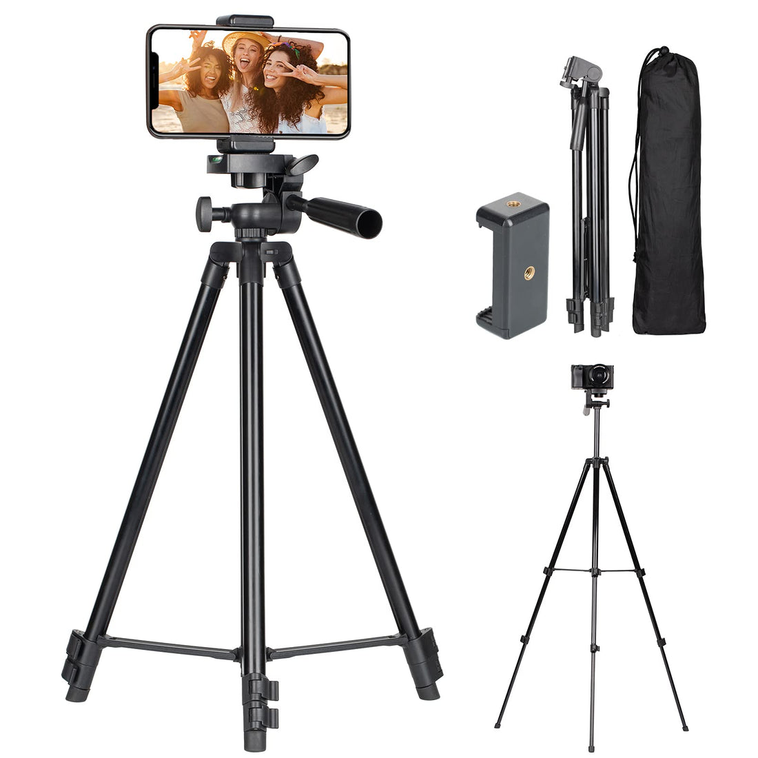 TARION 50.6" Lightweight Travel Tripod Stand for Camera and Phone With Clamp, Carry Bag for Ring Light, Video Recording, Filming, Live Stream - Aluminium