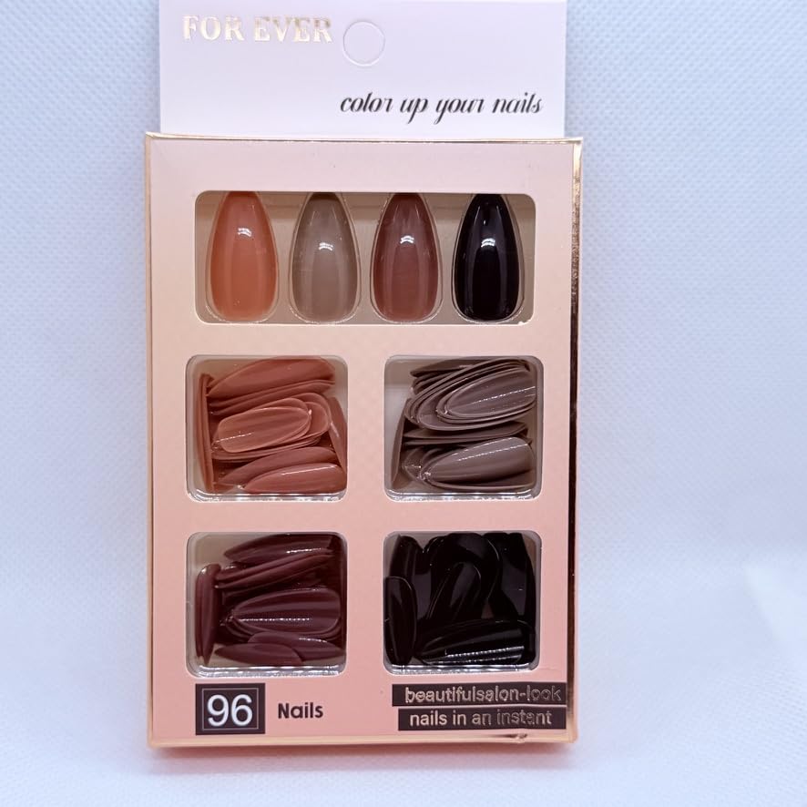 96 Pcs Glossy Press on nails - False nails - Almond Shape - 4 different colors - Fake Nails Full Cover Short Nail Oval Shape False Nails Artificial Fingernails (Orange Caffe Brown Black)