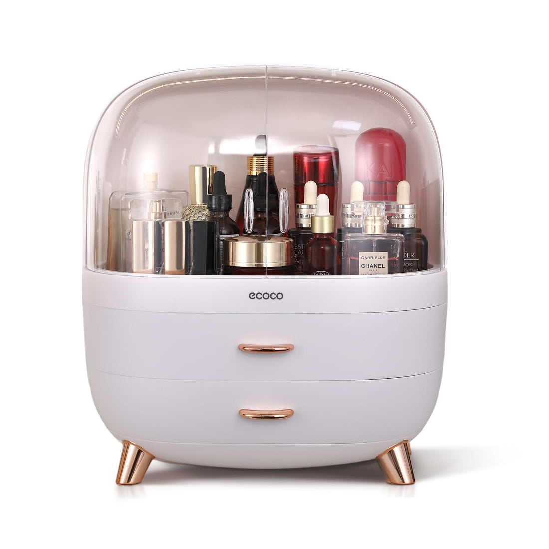 Makeup Organizer Countertop Skincare Cosmetics Storage Organizer Large Capacity with 6-Slot Acrylic Lipstick Organizer and 2-Layer Storage Box for Vanity White L