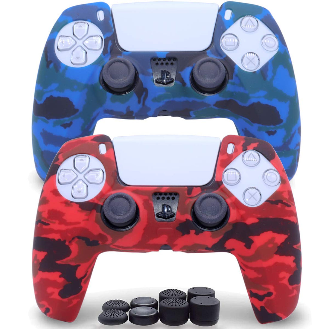 2 Pack Silicone Controller Skins Camo Anti-Slip Cover Case Protector Sleeve for Playstation 5 /PS5 Controller with 8 x Thumb Grip Caps(Blue,Red)
