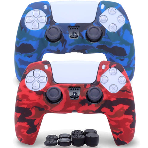 2 Pack Silicone Controller Skins Camo Anti-Slip Cover Case Protector Sleeve for Playstation 5 /PS5 Controller with 8 x Thumb Grip Caps(Blue,Red)