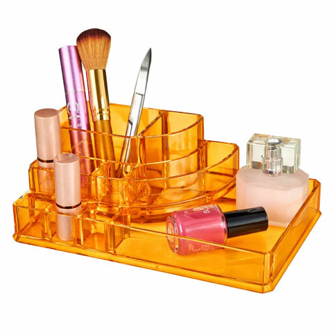Makeup Organizer Clear Acrylic– Jewelry & Cosmetic Storage Box with Drawers – Stylish Vanity Organizer for Brushes, Lipsticks, Skincare & Accessories (Orange)