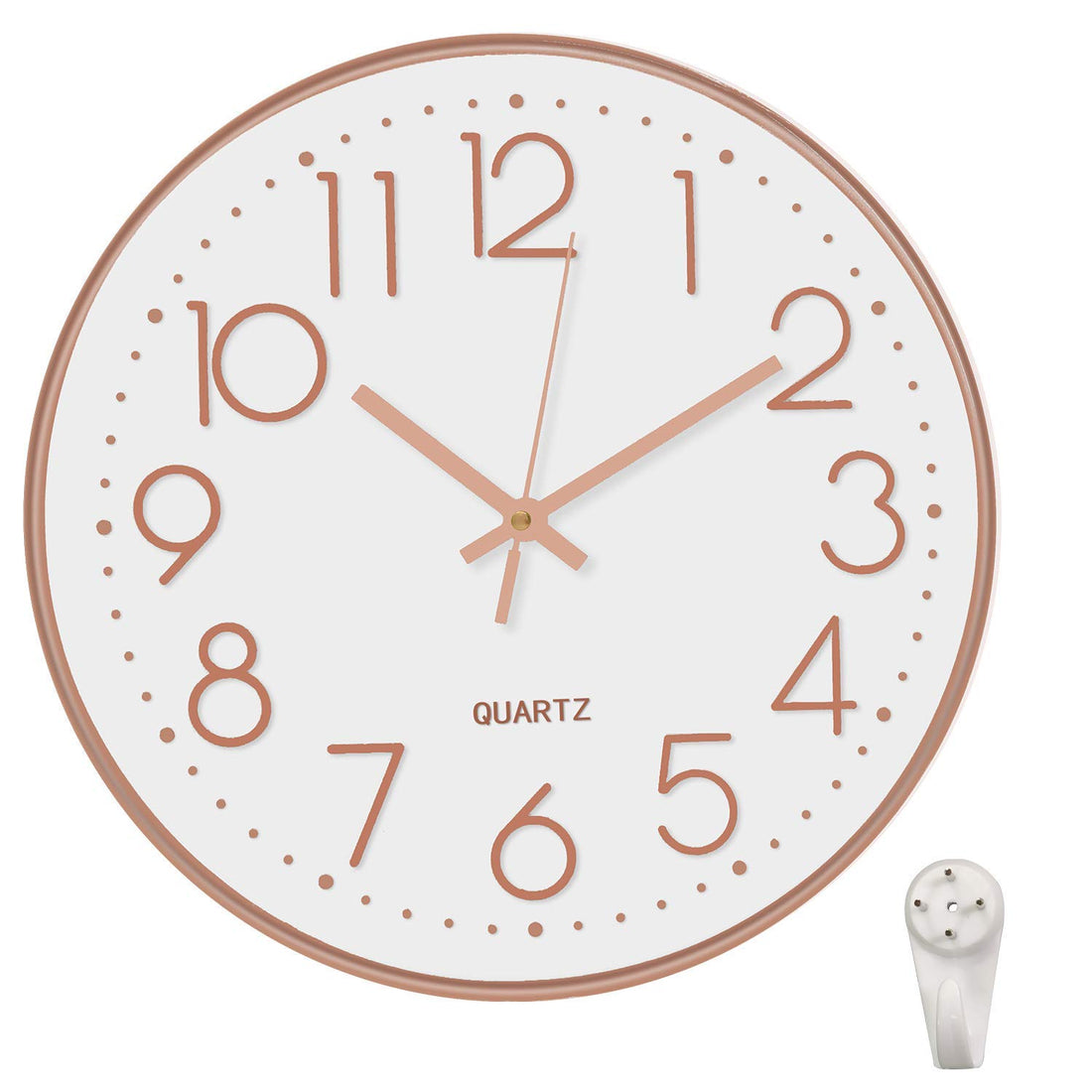 Wall Clock 12-inch silent digital clock, non-ticking, battery-operated, easy-to-read round clock for living room, kitchen, bedroom, office (White-rose Gold)