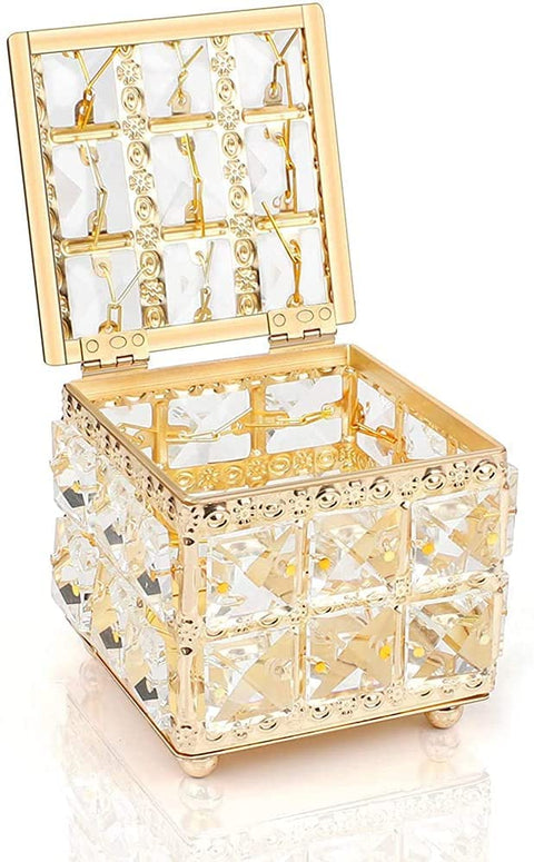 Crystal Makeup Box with Lid, for Cotton Swabs, Sponges, Pads (Golden)