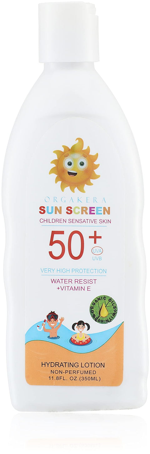 Orgakera sunscreen children sensative skin 50+uva/uvb very high protection water resist with vitamin e hydrating lotion non perfumed - 350 ml