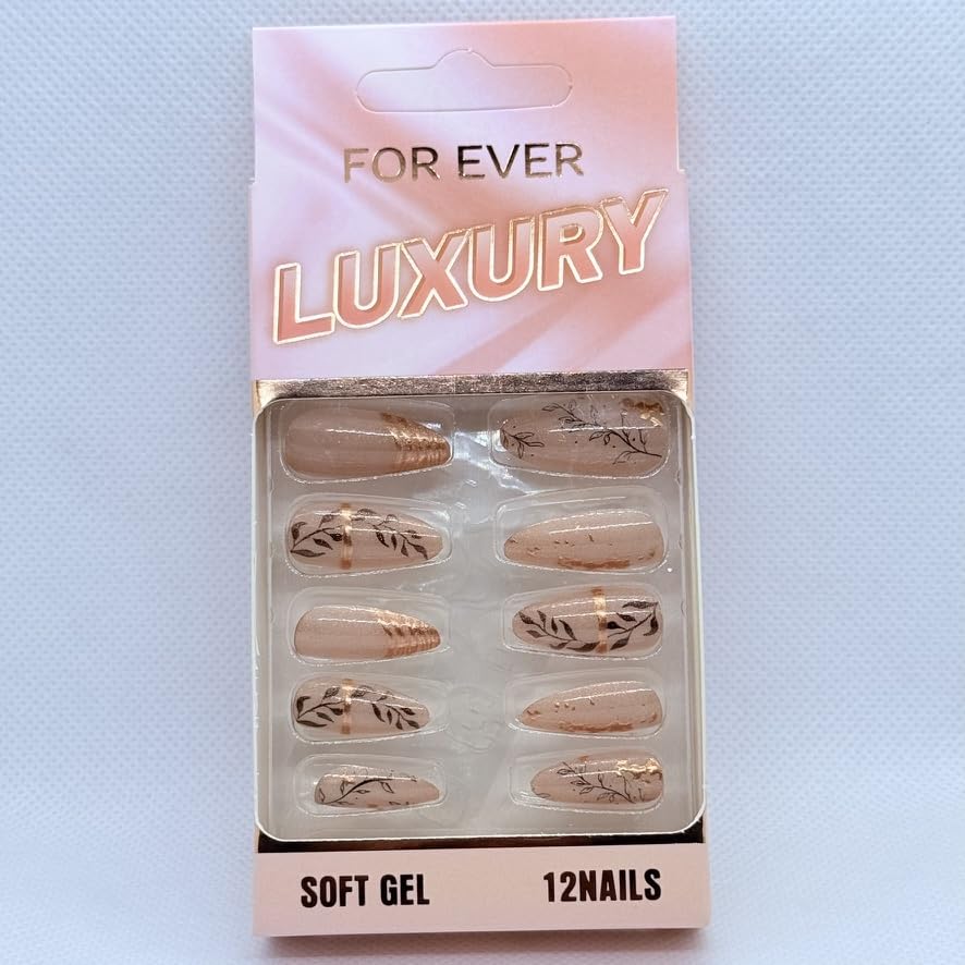 Premium Long Almond Press On Nails with Nail Art – Reusable Glossy Fake Nails for Women – Trendy Salon Style Manicure – 12 Unique Designs (Black Leaves & Gold)