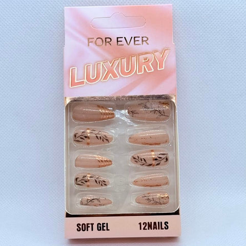 Premium Long Almond Press On Nails with Nail Art – Reusable Glossy Fake Nails for Women – Trendy Salon Style Manicure – 12 Unique Designs (Black Leaves & Gold)
