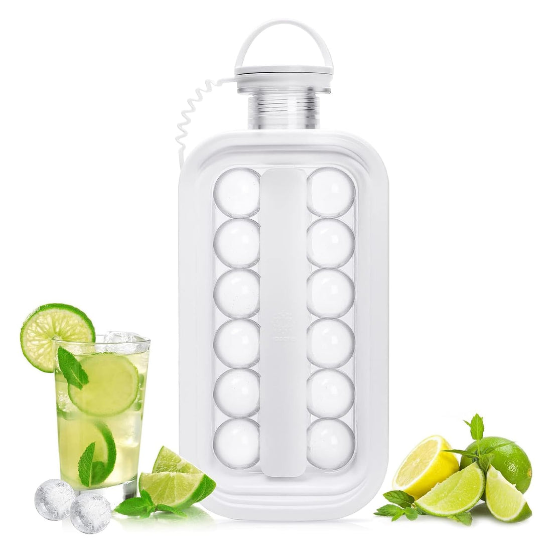 Tazweeq Professional Ice Ball Maker, 2 in 1 Portable Ice Cube Trays Bottle, with 17 Grids Flat Body Lid Cooling Ice Pop/Cube Molds For Cold Drink (White)