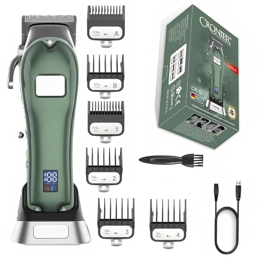 Kroner Professional CR-12 Salon Shaver with Illuminated Screen and 6 Combs and Charging Base