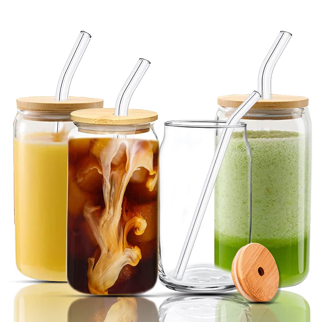 Drinking Glasses with Bamboo Lids and Glass Straw 4pcs Set - Meegoo16oz Can Shaped Glass Cups, Beer Glasses, Iced Coffee Glasses, Cute Tumbler Cup, Ideal for Cocktail, Whiskey, Gift