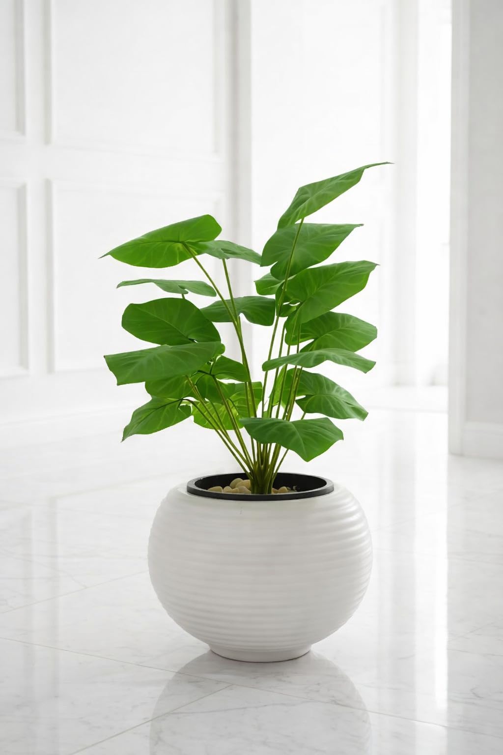 Artificial Plant Realistic Green Leaves Decorative Plant with Elegant Round Acrylic Pot for Indoor Plants for Home Office Living Rooms (Pots)
