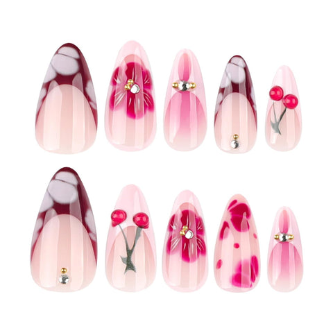 Red cherry French False Nails with 3D Designs Full Cover Artificial Stick on Nails Reusable Acrylic Material