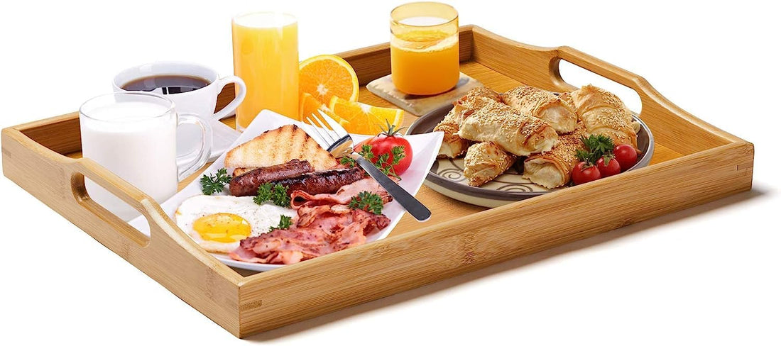 SUPERBE Large Bamboo Serving Tray with Handles, Food Trays for Coffee Table, Ottoman Tray for Breakfast, Dinner, Tea, Used in Bedroom, Living Room, Kitchen, Bathroom, Hospital (16.3”x12.3”x2”)