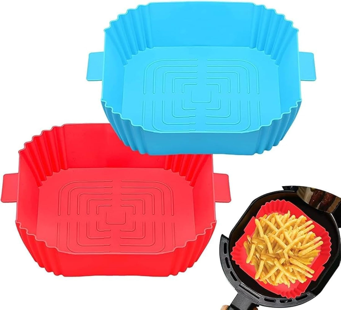 Air Fryer Silicone Liners Pot for 3 to 5 QT, Air Fryer Silicone Basket Bowl, Reusable Baking Tray Oven Accessories (Set of 2 Square- Blue, Red)