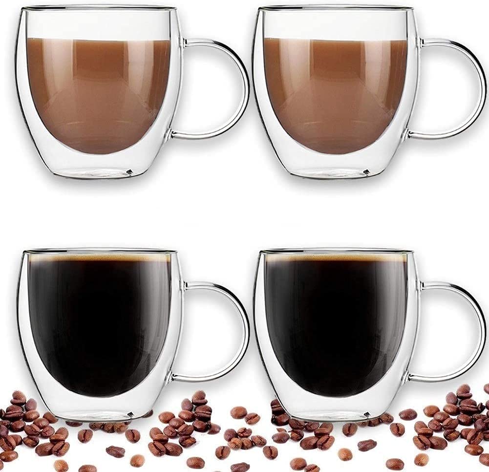 Double Wall Glass Coffee Mugs with Handle,Insulated Coffee Glass,Clear Espresso Cups,Glass Cappuccino Cups,Tea Cups,Latte Cups,Beverage Glasses,Heat Resistant,Dishwasher Microwave Safe (4, 8oz-250ml)