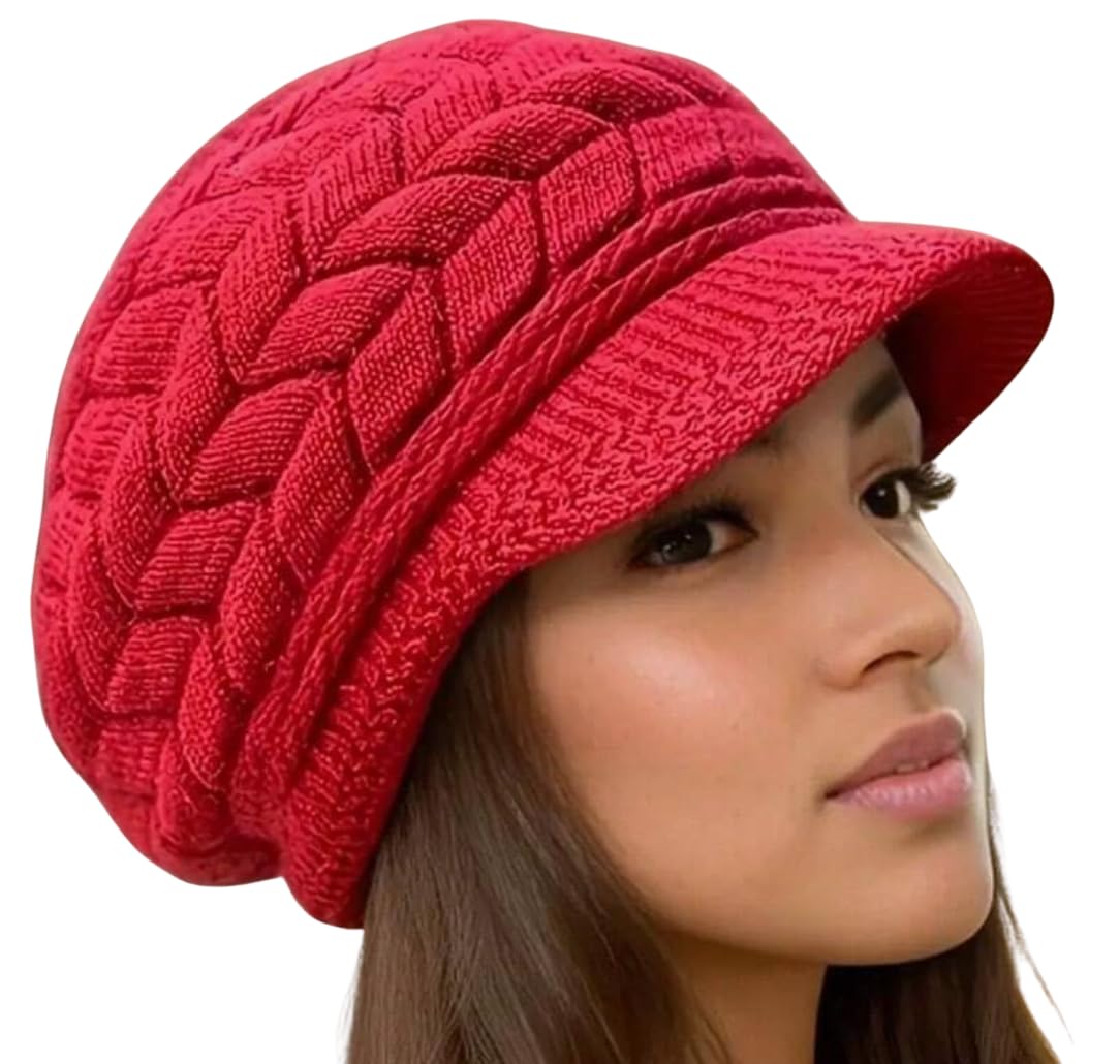 Women Thick Wool Knit Beanie Beret Hat Winter Warm Windproof Classic Hat Red
