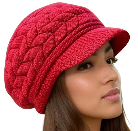 Women Thick Wool Knit Beanie Beret Hat Winter Warm Windproof Classic Hat Red