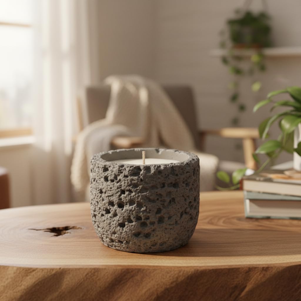 Aromatherapy Scented Candle in Textured Stone-Look Vessel, Natural Soy Wax, Long Lasting, Stress Relief, Home Decor Gift (Gray, Medium)
