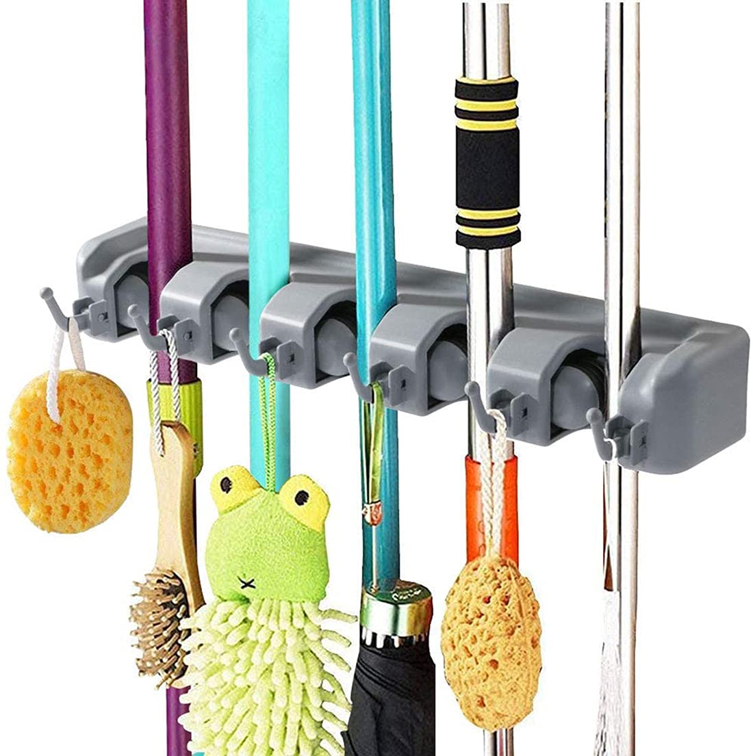 KASTWAVE Broom Mop Holder, Heavy Duty Wall Mounted Mop Clip Hangers Broom Storage Tidy Organizer with 5 Racks 6 Retractable Hooks Holds up to 11 Tools Perfect for Brush Kitchen Bathroom Office Garden