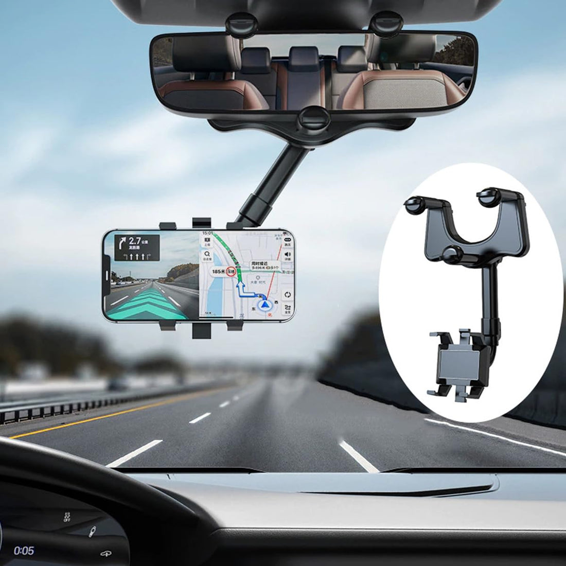 ECVV Car Phone Holder Mount, Rotatable and Retractable Car Phone Mount Rear View Mirror Mobile Holder, Sturdy Holder Phone Mount Fit with All Mobile Phones, Black