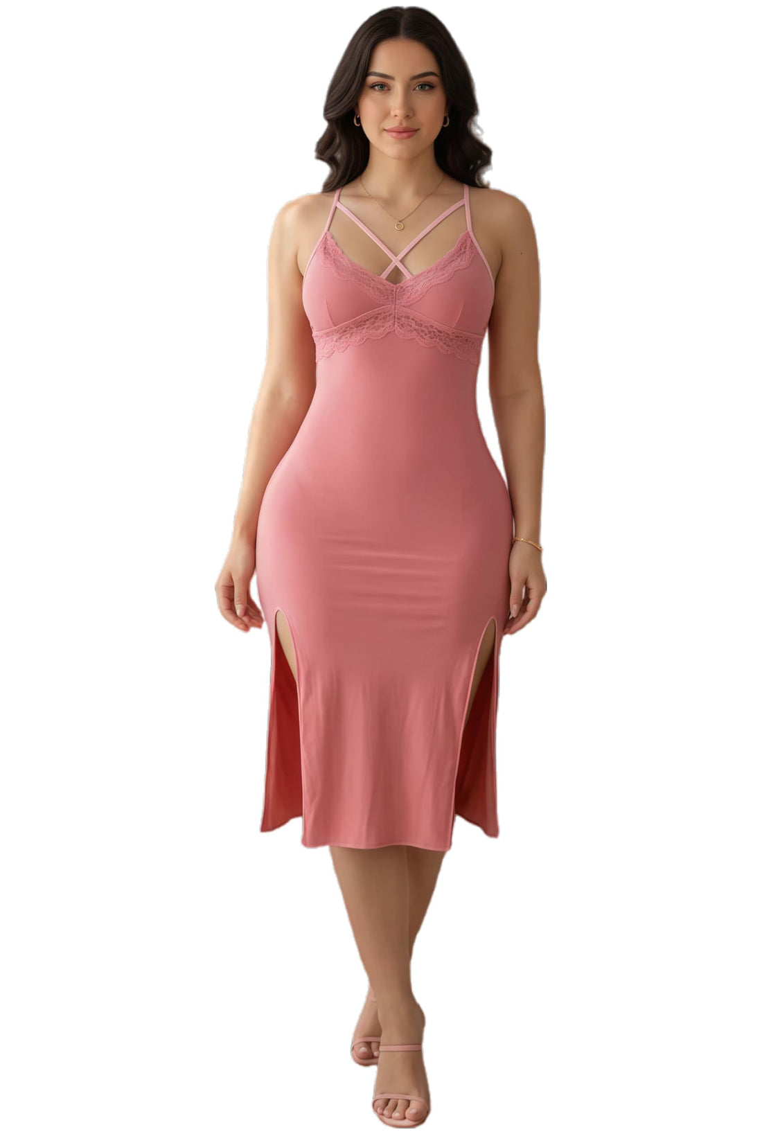 MANIKAN Women’s Midi Bodycon Dress, Lace Trim, Spaghetti Straps, Double Side Slits, Stretch Lycra, Soft & Breathable, Elegant Slim Fit Evening Party Clubwear