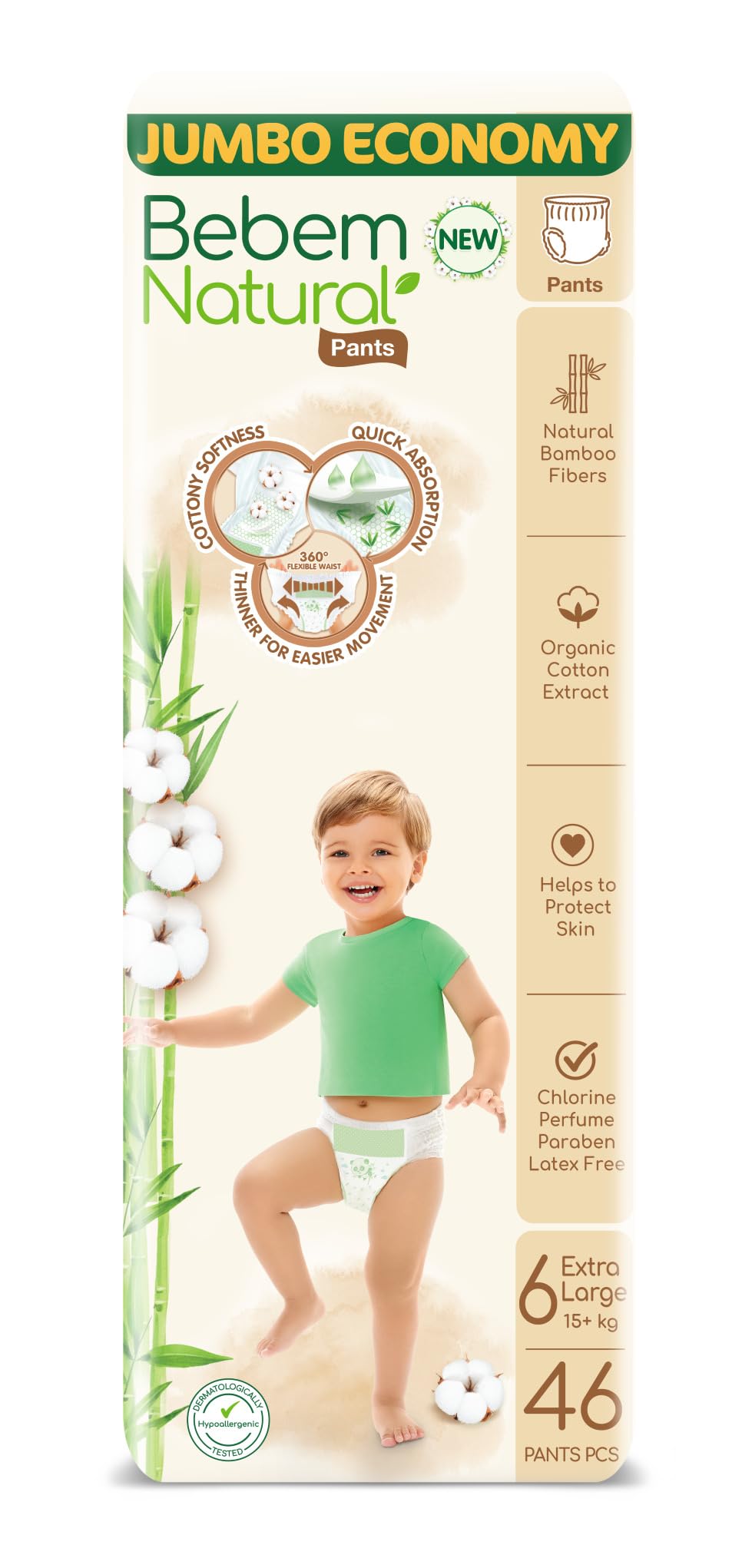 Bebem Natural Baby Diapers Pants Diapers Size 5,12-15 KG, Twin Pack, 28 Units, Organic Cotton & Bamboo Fibers