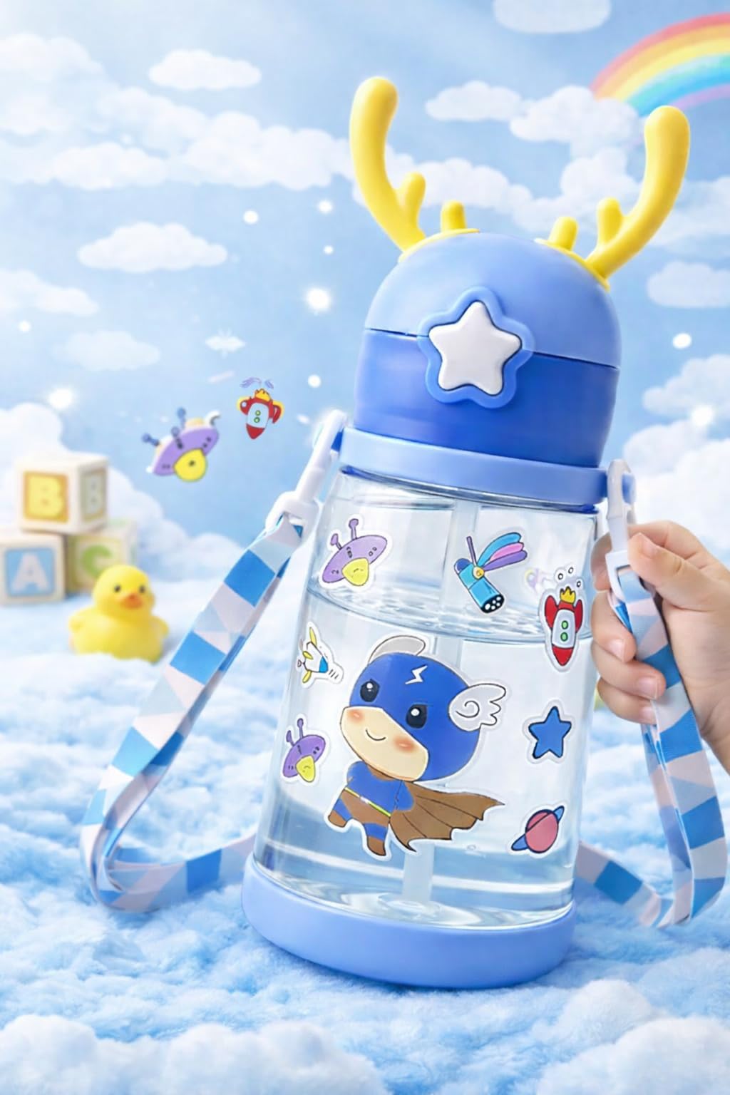 Cartoon Style Water Bottle with Silicone Details, Leakproof BPA Free Reusable Plastic Bottle with Shoulder Strap, Easy to Clean Drinking Bottle 600ml (Blue)