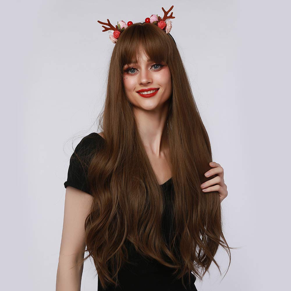 ECIF Natural Synthetic Long Brown Hair Wig With Bangs For Women