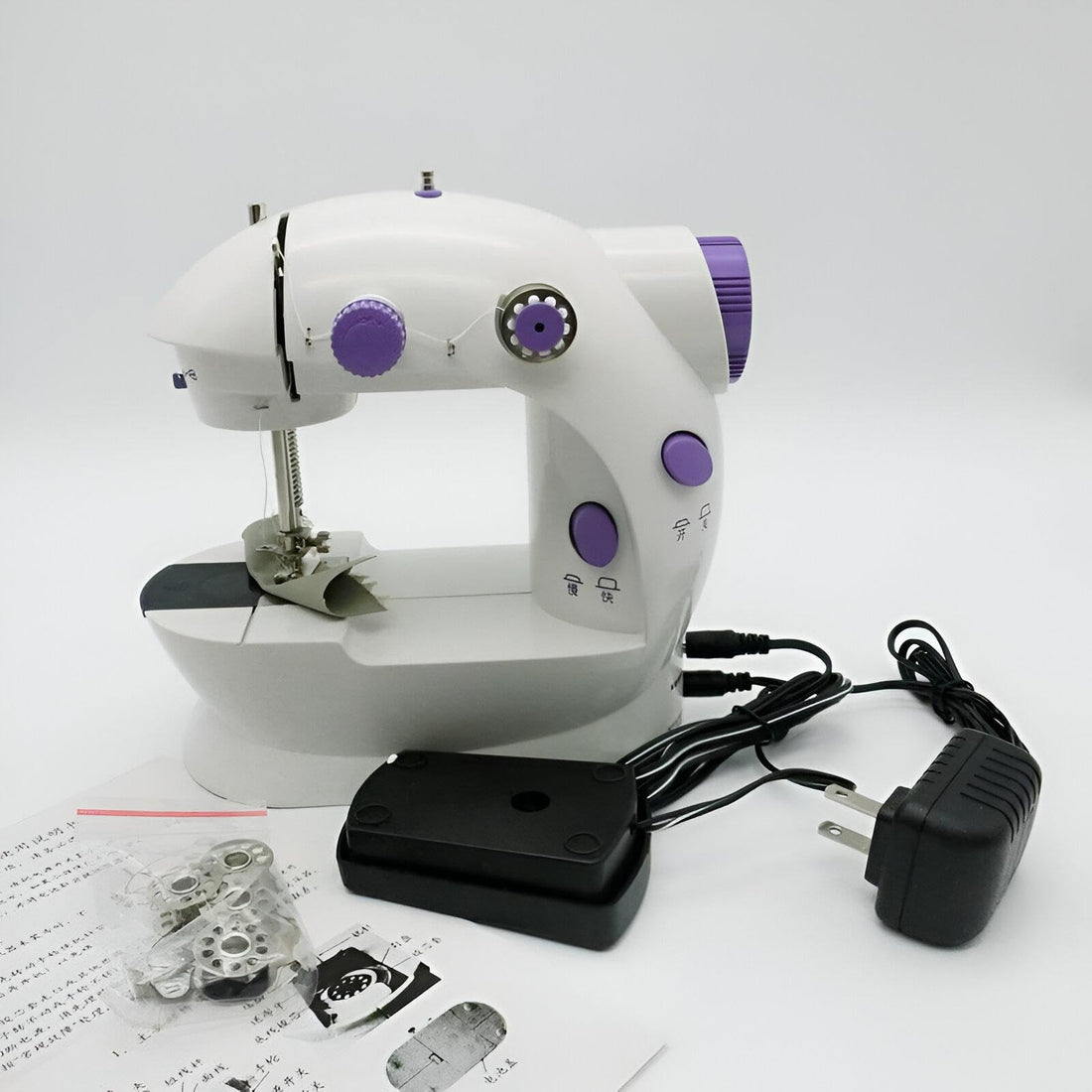 Mini Portable Sewing Machine - Compact Electric Sewing Tool for Beginners with Built-in Light, Dual Speed Control, Foot Pedal, White and Purple
