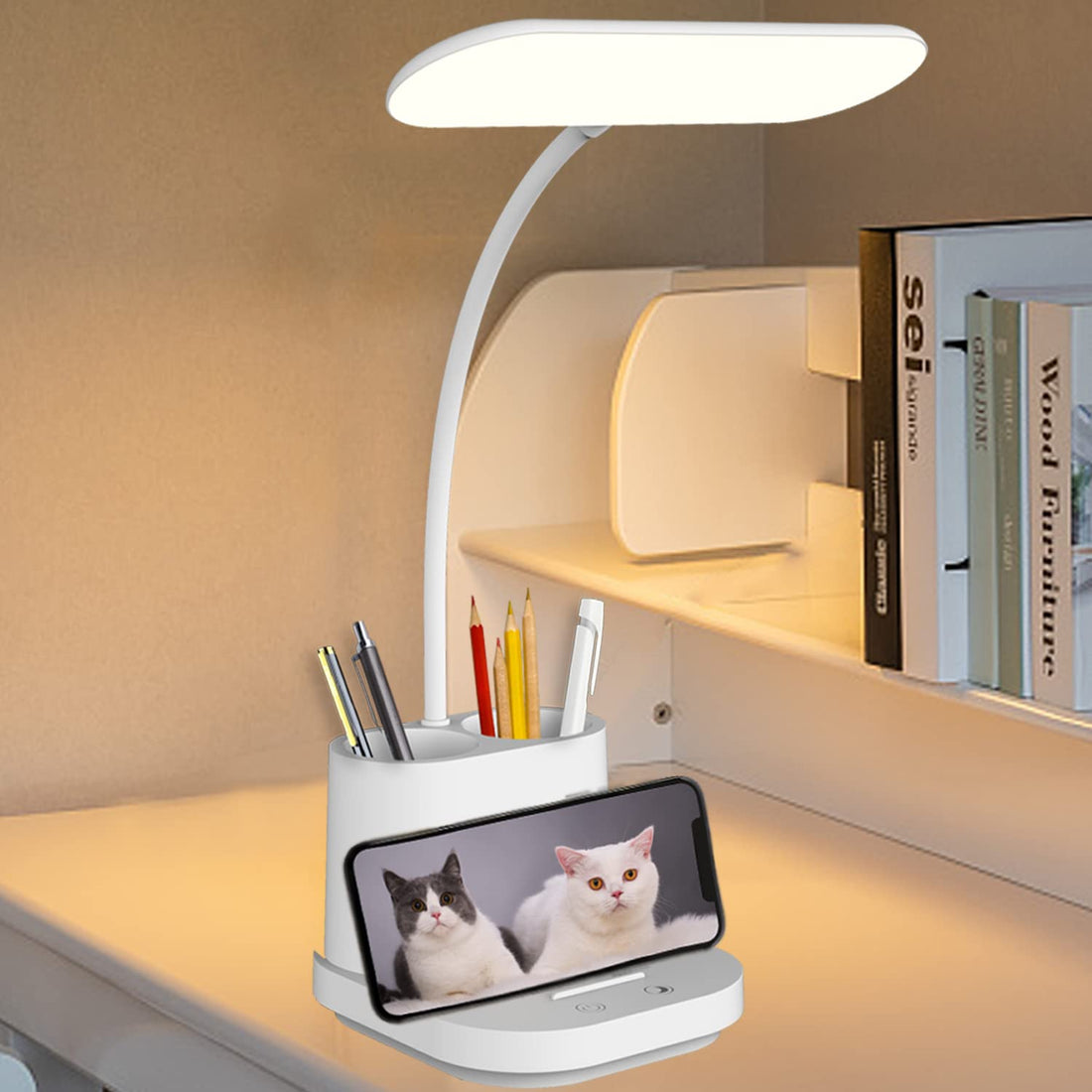 LED Desk Lamps Battery Operated Lamps with Pen Holder and Night Light Touch Control 3 Color Modes Stepless Brightness Desk Lamps for Home Office Study White