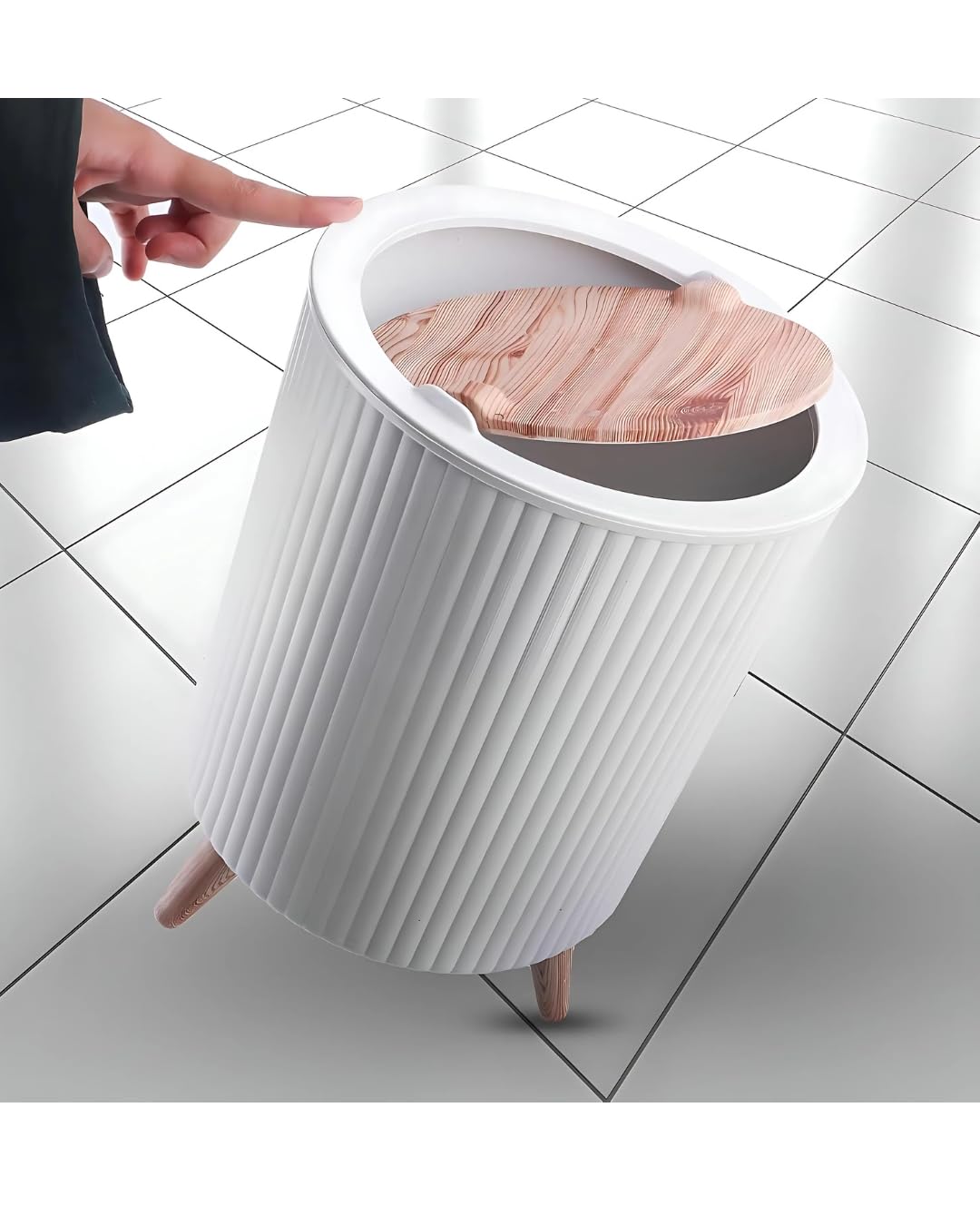 Waste Basket Chic Trash Basket, Home Decor Trash Basket With Wooden Legs Trash Can (White)