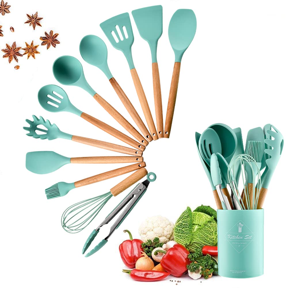 Arabest 12 Pcs Silicone Cooking Kitchen Utensils Set Heat Resistant Wooden Handles Cooking Tool BPA Free Non Toxic Silicone Turner Tongs Spatula Spoon Kitchen Gadgets Set for Nonstick Cookware Green