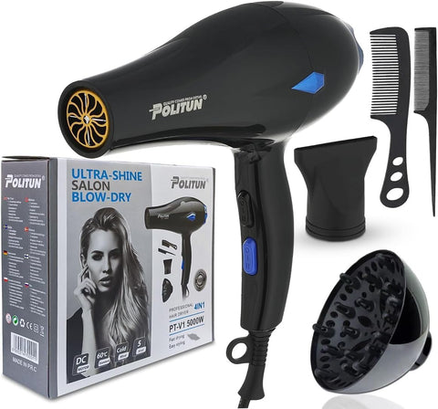 Hair Dryer Professional 5000W, Fast Drying Blow Dryer With Powerful Motor, 3 Heat Settings, 2 Speeds, Salon Smooth Styling, Detachable Concentrator Nozzle, Overheat Protection (PT-V1)