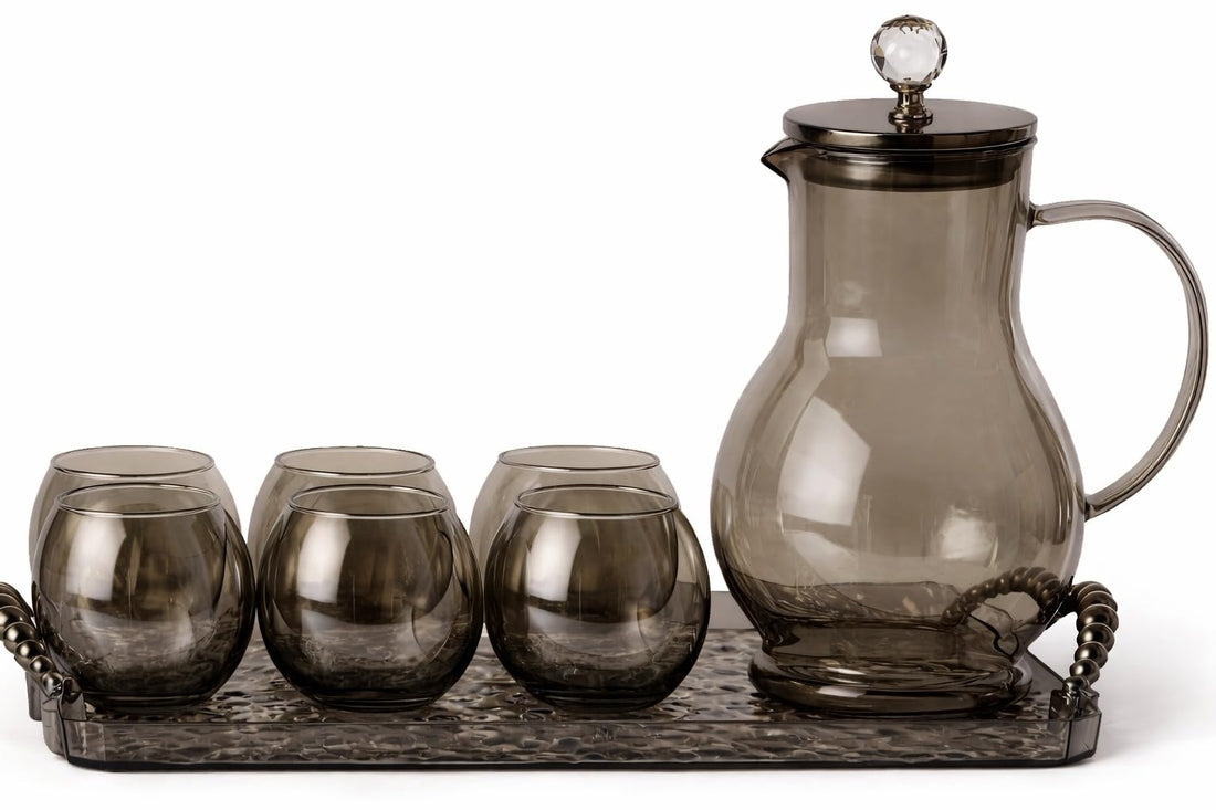Glass Pitcher with 6 Cups Set – Amber Textured Glass Water Jug with Lid and Tray, Drinking Glasses Set for Water, Juice, Lemonade & Cold Drinks (Smoke Clear)
