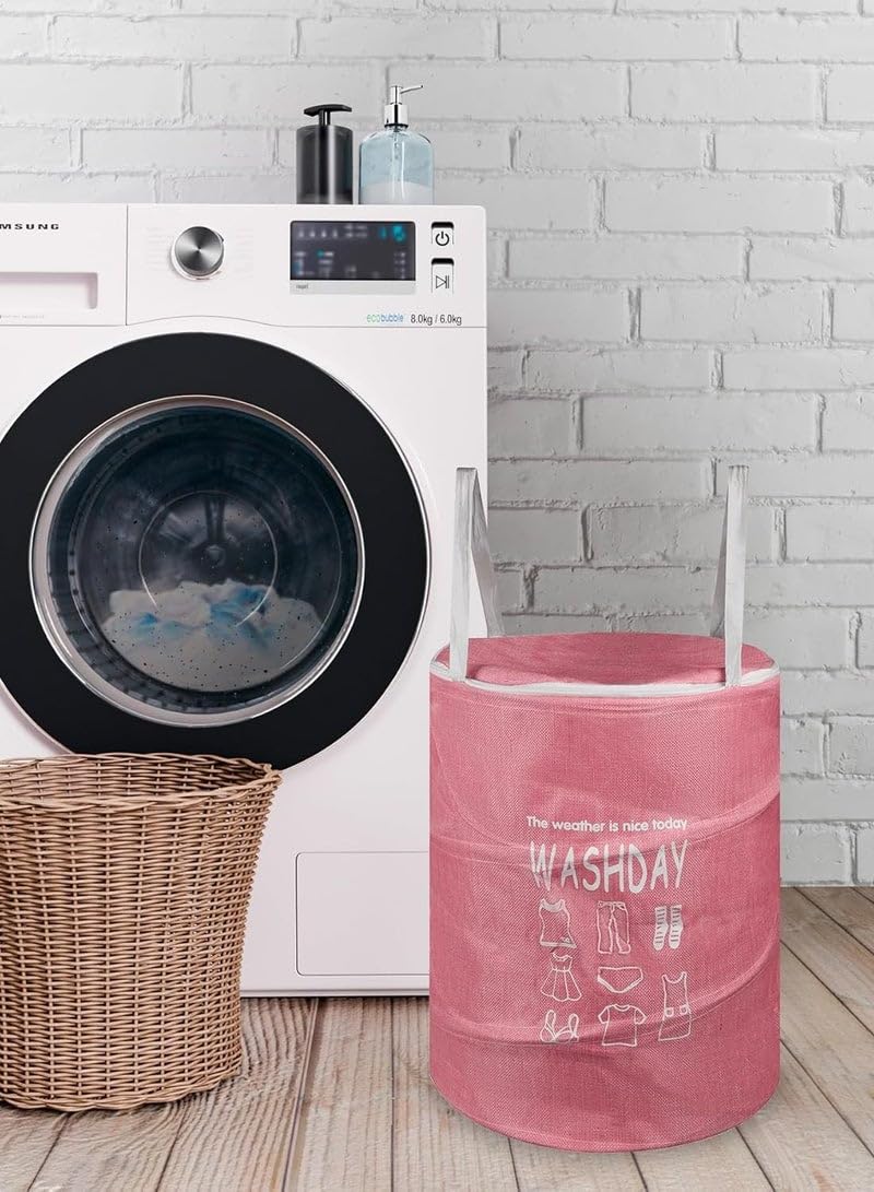 Plan A 45L Round Canvas Laundry Hamper, Foldable Waterproof Storage Basket with Rustproof Plastic Zipper Lid, Ideal for Clothes, Toys, Space Organization (Pink)