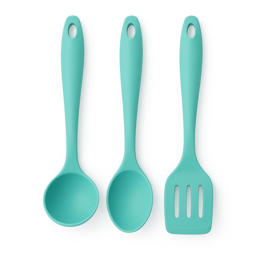 3PCS Silicone Kitchen Utensils Set 3PCS – Soup Ladle + Serving Spoon + Slotted Spoon – Food Contact Safe, Heat Resistant up to 230°C, Suitable for Nonstick Utensils, Ergonomic Handle (Turquoise)