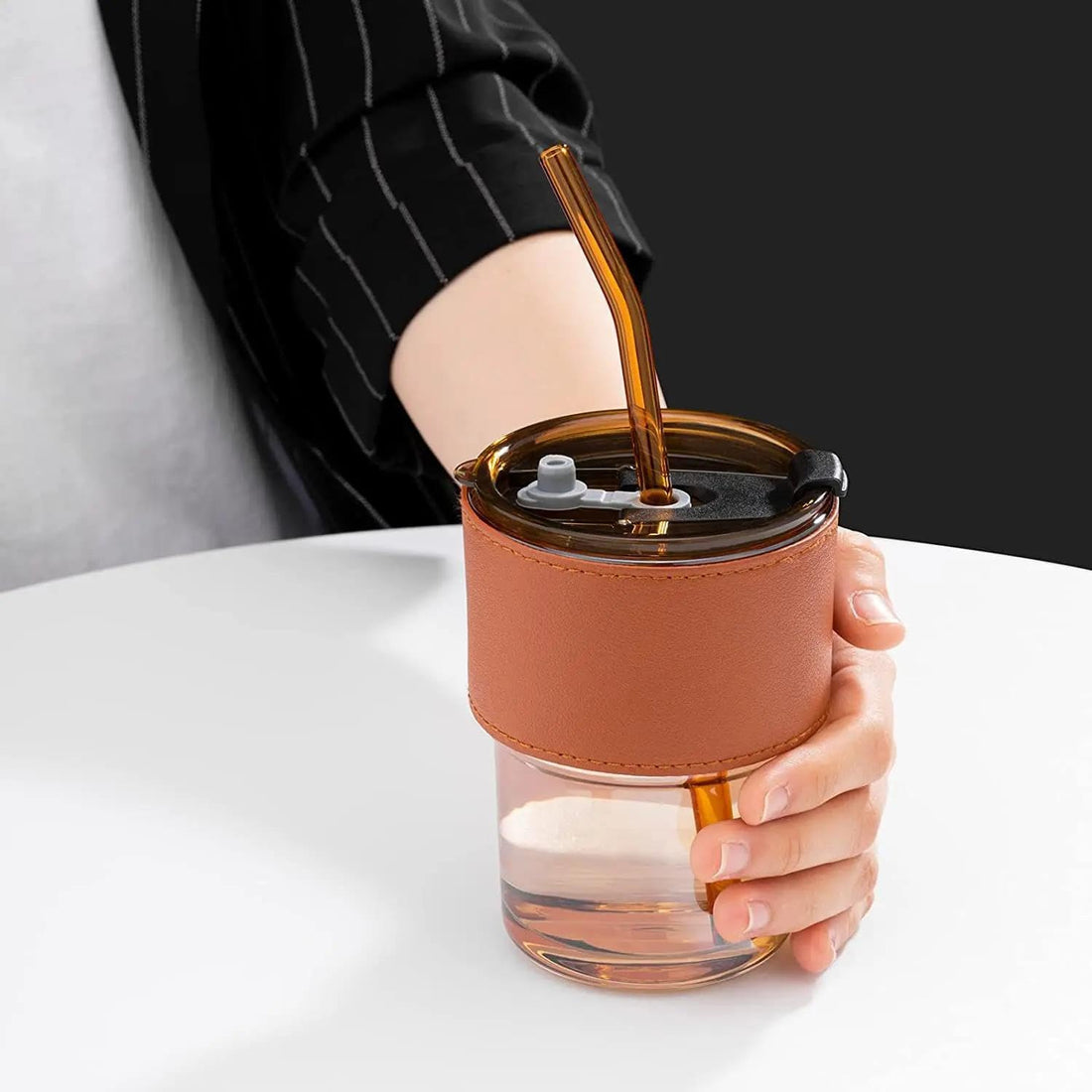 Stylish Glass Tumbler with Leather Wrap, Leak Resistant Cover and Glass Straw, Reusable Drink Cup for Home Office Coffee Tea Juice Water, Set of 3