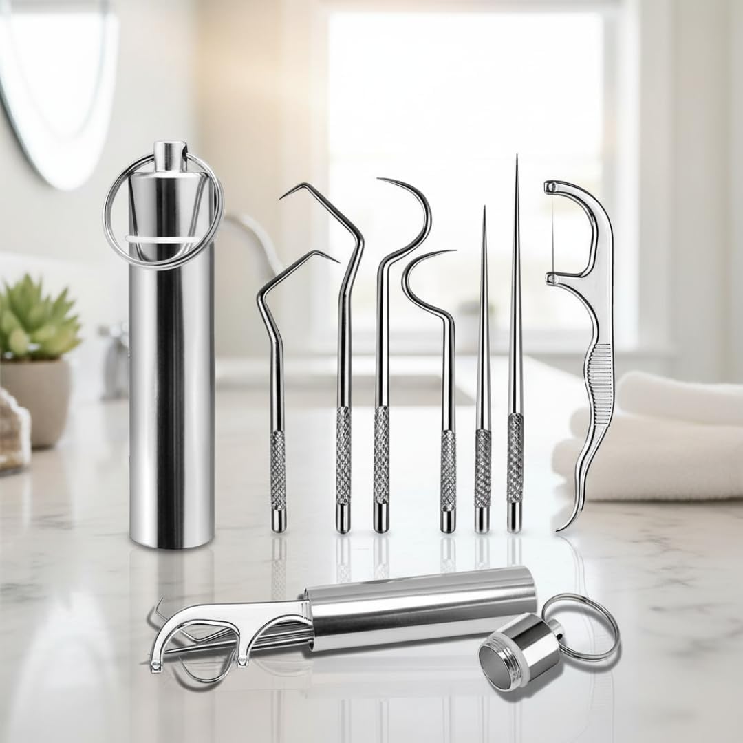 Valajogi 7-Piece Dental Hygiene Teeth Cleaning Pocket Set| Stainless Steel Portable Oral Care Kit l Dental Tool Teeth Cleaning Tools| Outdoor| Picnic| Camping Teeth Cleaning Tools| Teeth Braces