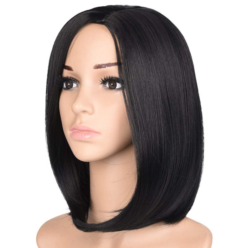 ECIF Synthetic Wigs For Women | Natural Looking Long Short Wavy Straight Heat Resistant Replacement Wig Full Machine Made (14" Black Short Bob Middle)