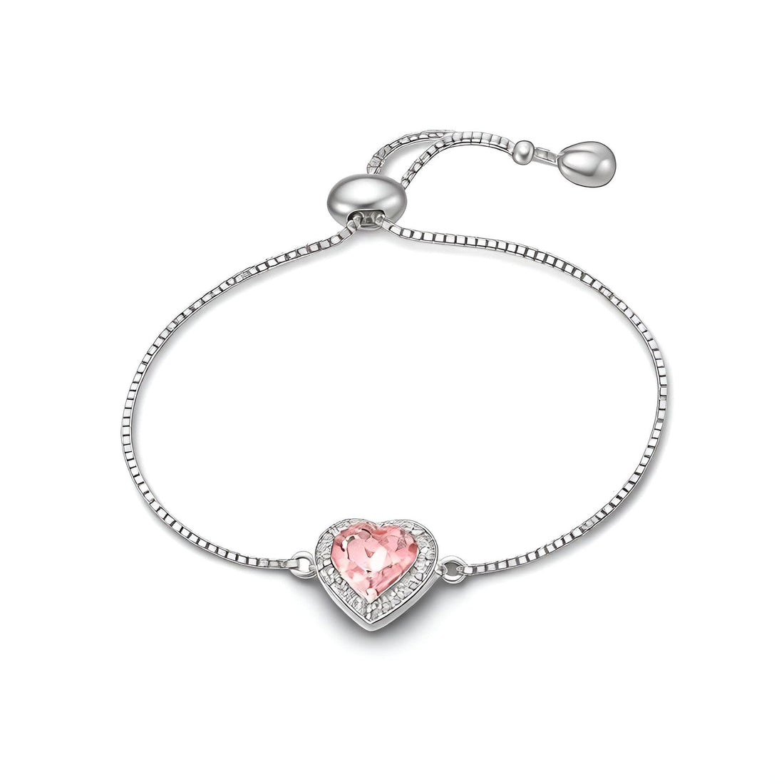 a luxurious bracelet with an adjustable anti-rust chain with a touch of shiny gold, a pink stone in the center, a halo-style setting, a secure buckle, and a versatile design sui