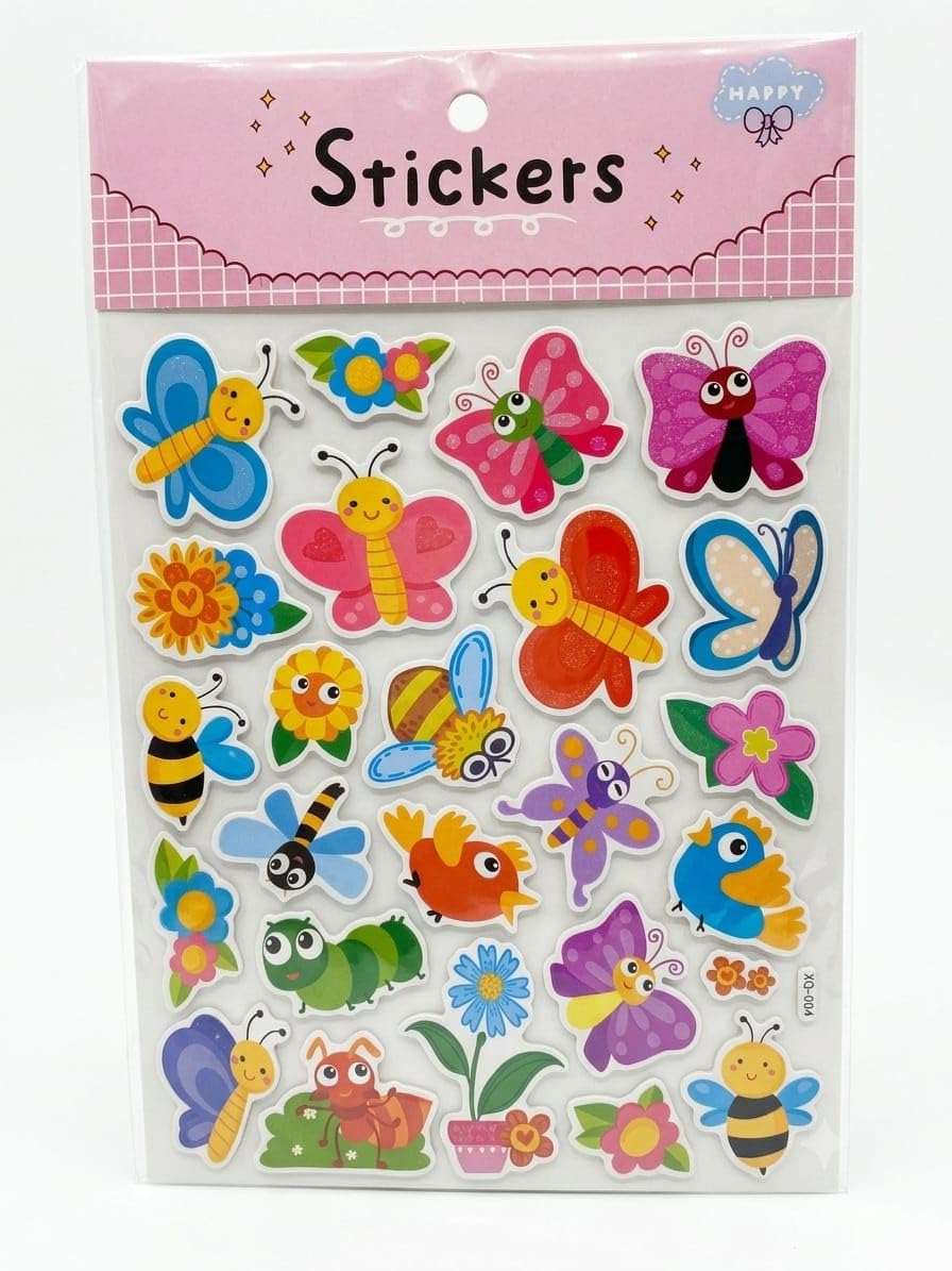 Happy Stickers Sheet, Colourful Butterfly, Bee, Bird and Flower Theme, Kids Craft Decorative Stickers