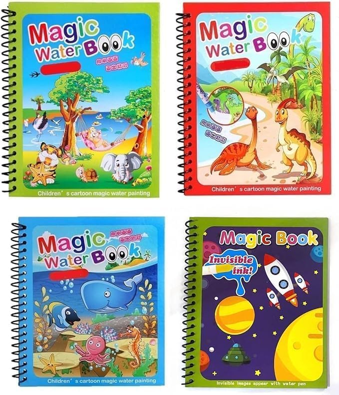 Dreamons link kids magic water colouring book (pack of 4 books) unlimited fun with water wow! aqua doodle coloring drawing reusable water-reveal activity pad, chunky-size water pen for birthday gift