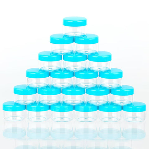 5 Gram Sample Containers with Lids, Mini Makeup Containers, Empty Plastic Travel Cosmetic Containers with Labels(25 Count, Blue Lid)