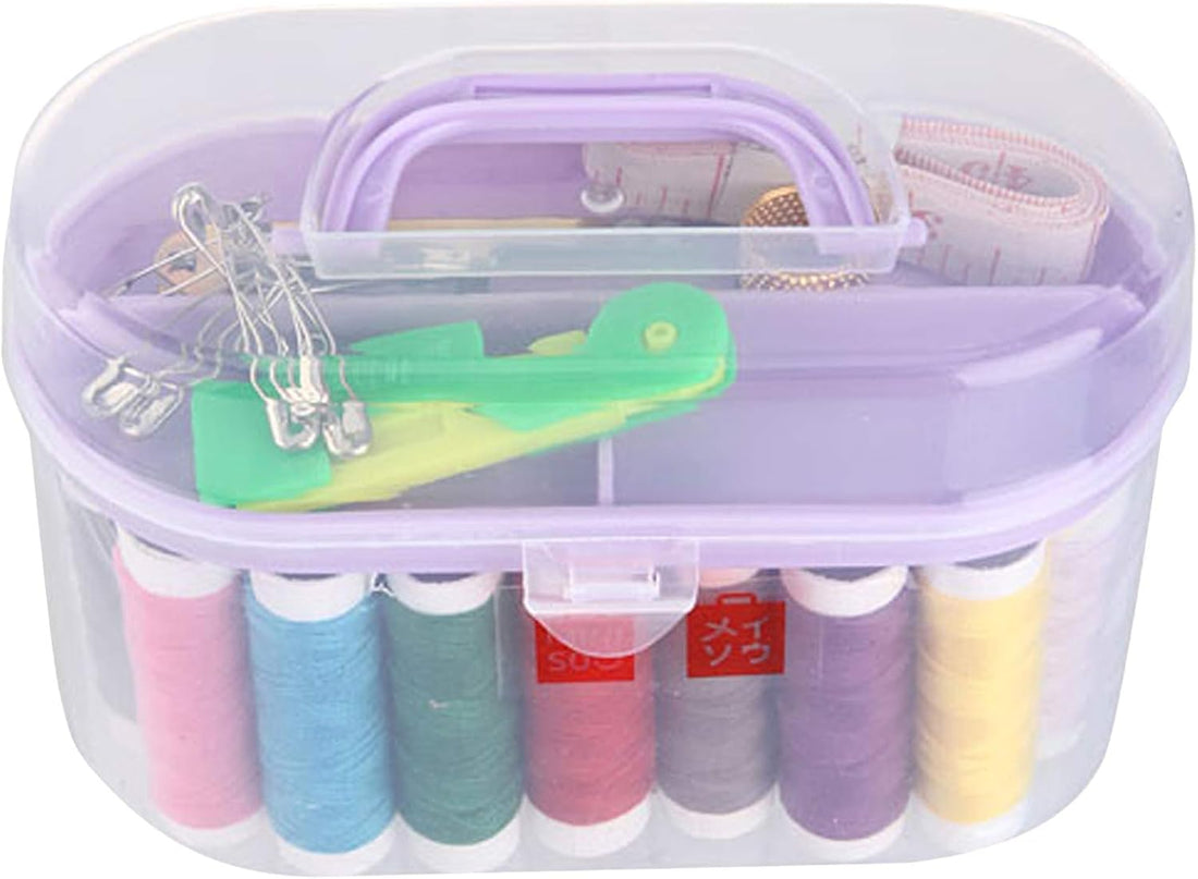 Portable Sewing Kit with Colourful Thread Spools, Safety Pins, Measuring Tape, and Scissors in Clear Storage Box