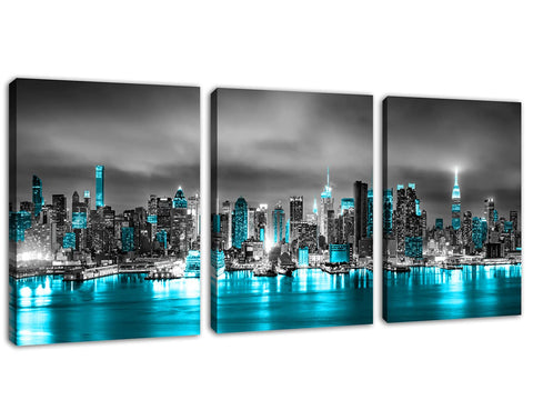 New York City Skyline Wall Art Print Modern Night City Teal Canvas Picture Blue Turquoise Cyberpunk Canvas Artwork for Bedroom Living Room Bathroom Wall Decor Framed Ready to Hang 12" x 16" x 3 Pieces