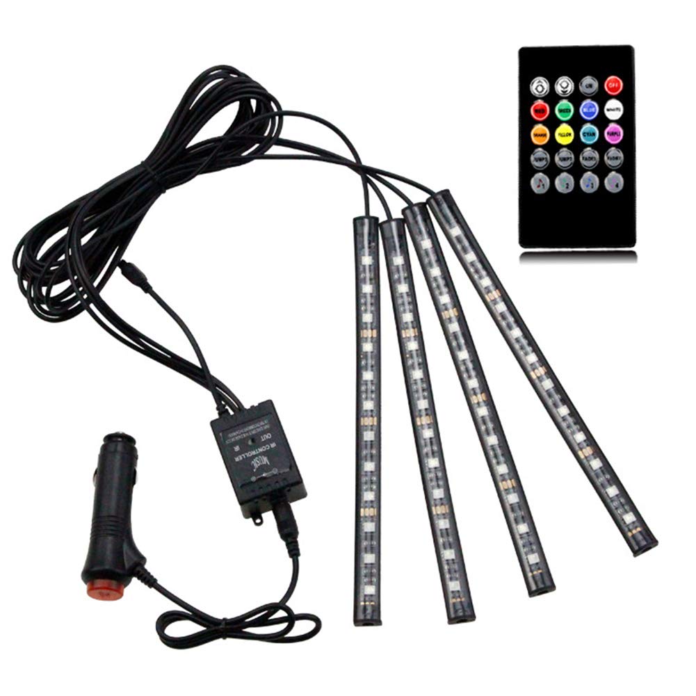 MoreChioce 12V Car Interior LED Strip Lights, 4PCS LED Strip Light with Remote Control Sound Active Function LED Lighting Car Cigarette Lighter Car Interior Decoration Light