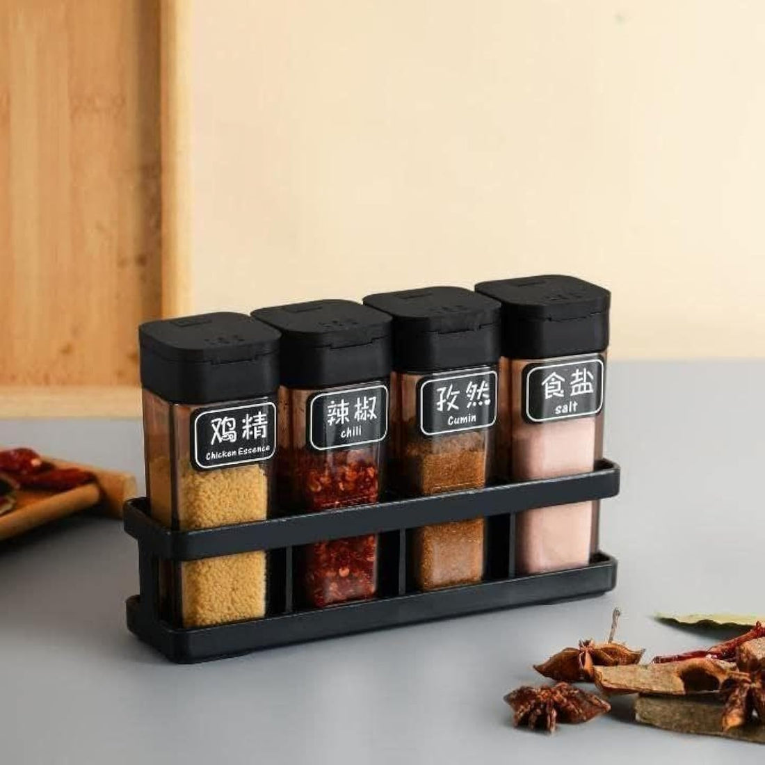Katakeet 4-Shelf Acrylic Spice Rack with Slim Shell Jars - Clear, Space-Saving Design for Kitchen Spices
